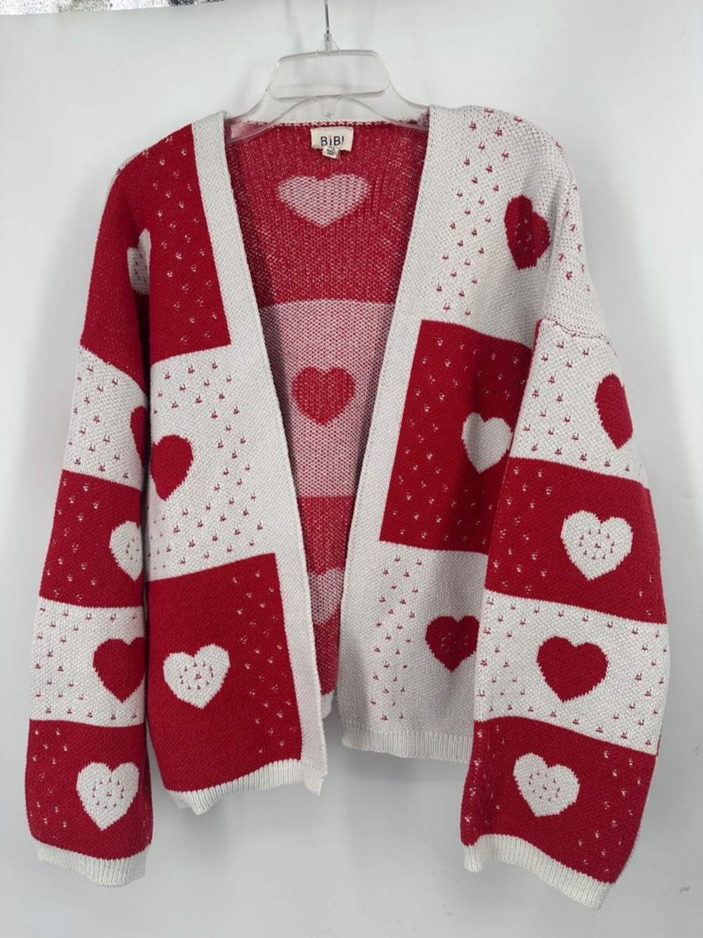 BiBi Red and White Heart-Pattern Open-Front Cardigan